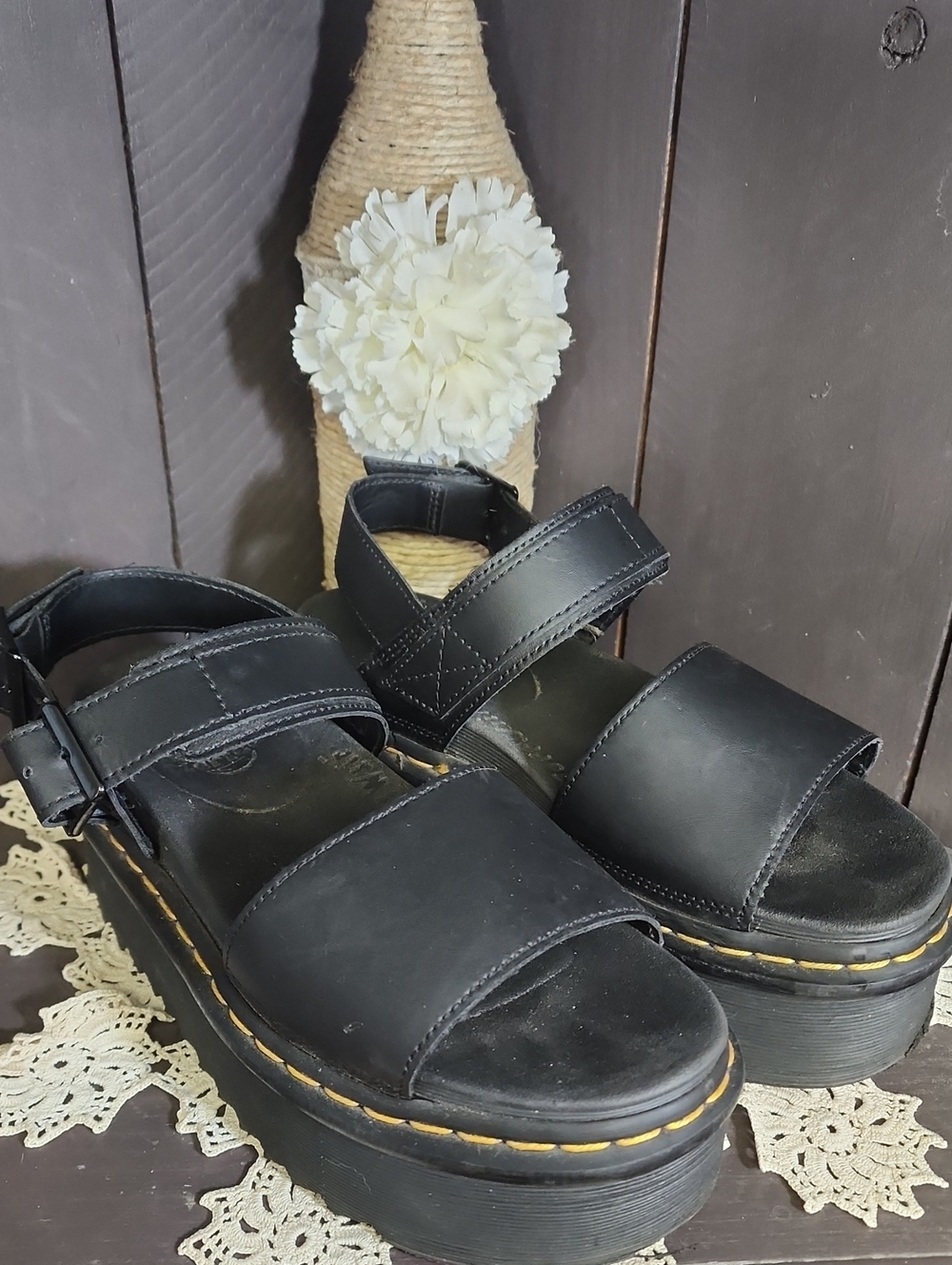Dr. Martens Black Platform Sandals with Yellow Stitching